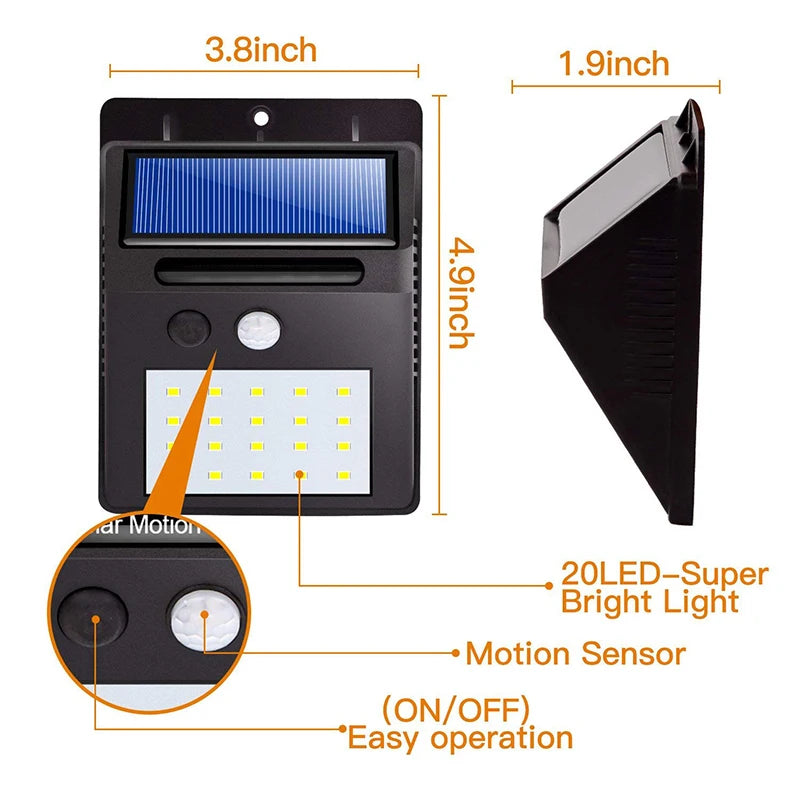 Luminária solar com sensor de presença automático 20LED Iluminação eficiente ao ar livre