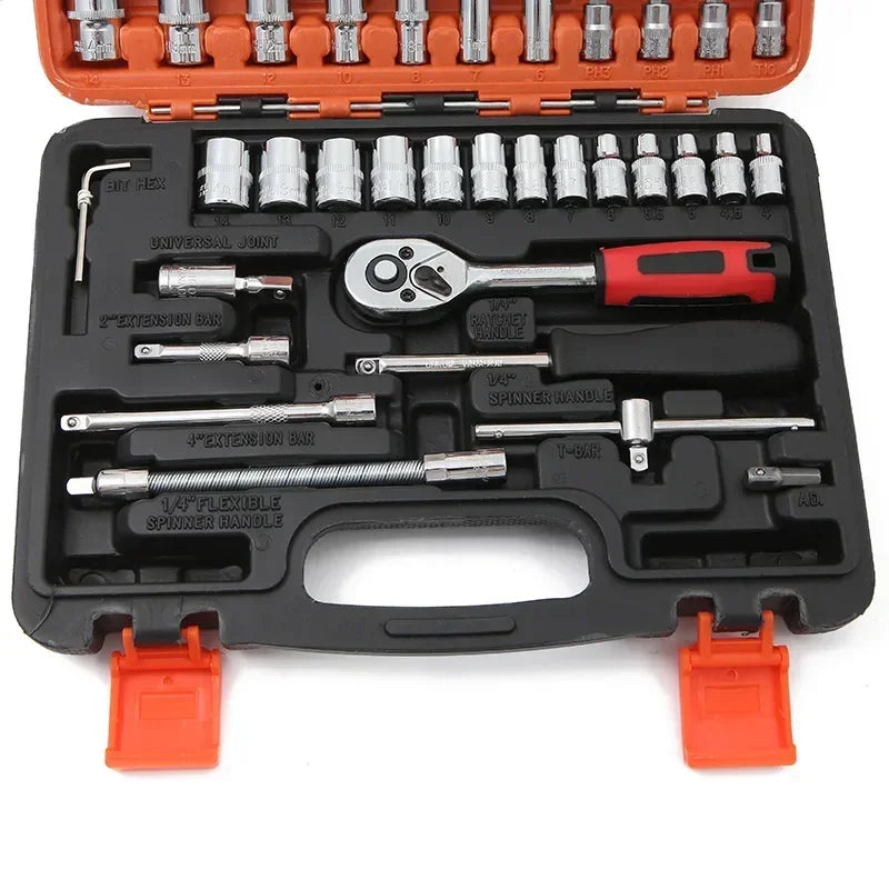 Drive métrica cabeça flexível chave de catraca combinação chave conjunto mecânico conjunto ferramentas reparo do carro kit 46 pçs 1/4 "